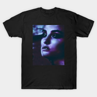 Portrait, digital collage and special processing. Woman. Like in night dreams. Blue and violet. T-Shirt